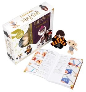 Harry Potter Crochet Kit - box, instruction book, and finished Harry and Dobby amigurumi dolls